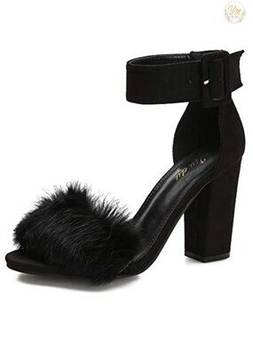 Faux Fur Block Heel Sandals Ankle Strap Open Toe